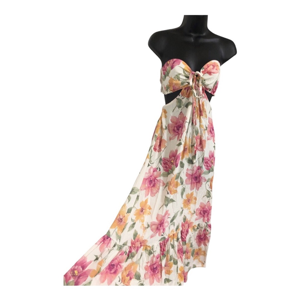 Madden Girl ivory pink‎ roses multi strapless cutout tiered hem dress size large